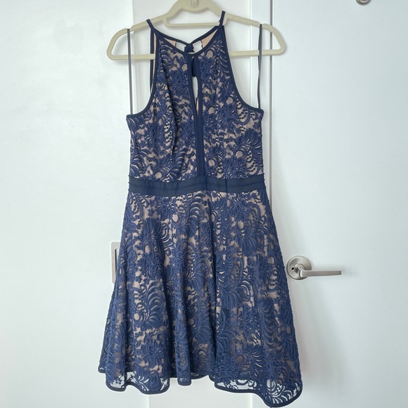 Avery G Navy Halter Fit and Flare Dress - Picture 3 of 9
